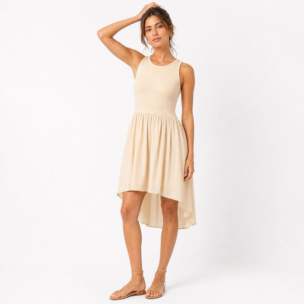 Finn & Clover Beige Ribbed Knit Asymmetrical High Low Skater Mini Dress Small